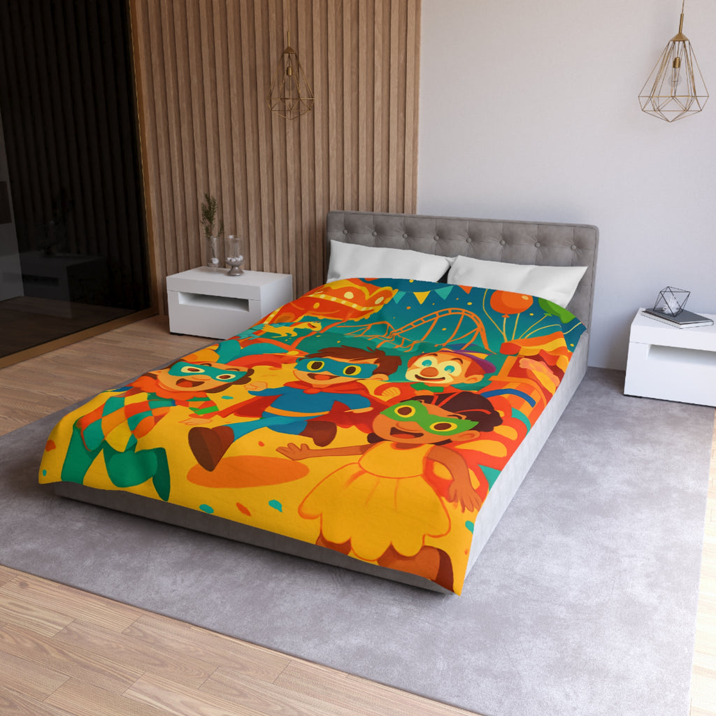 Joyeuse fête foraine avec enfants costumés courant joyeusement parmi attractions colorées nocturnes