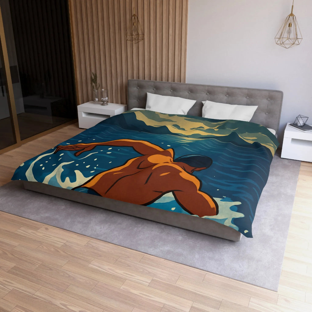 Housse de Couette avec Nageur Solitaire au Clair de Lune sur Océan Étincelant