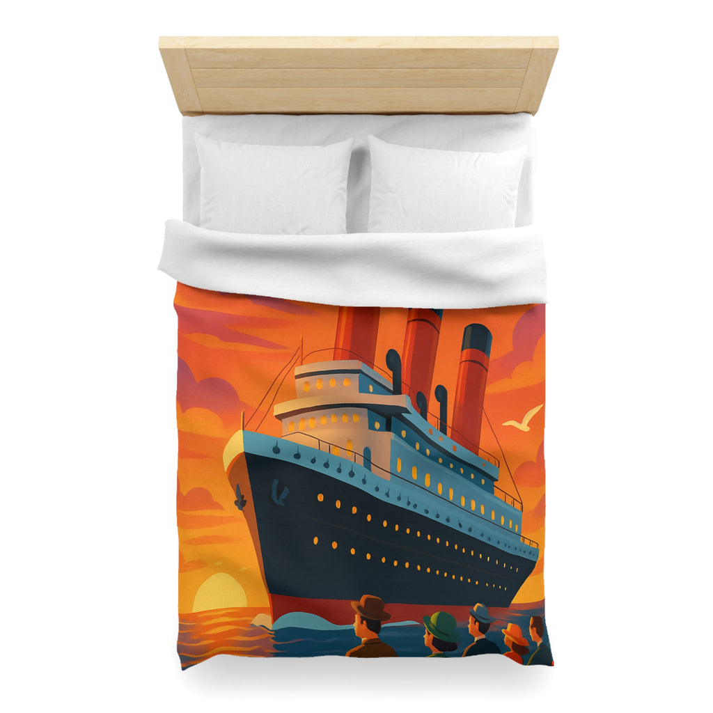 Superbe housse de couette avec paquebot vintage sous un coucher de soleil flamboyant