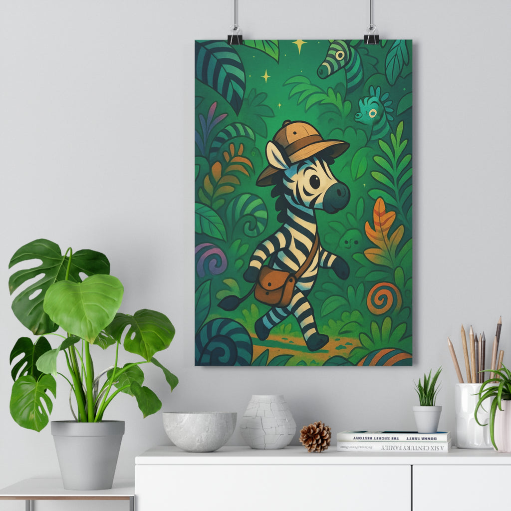 Poster décoratif jungle fantastique zèbre aventureux couleurs vives enfant créatif chambre joyeuse format 30x46
