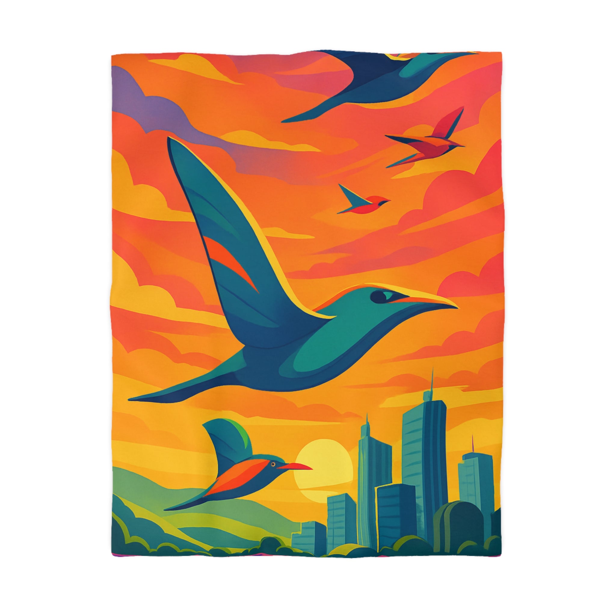 Housse de Couette Vibrante avec Oiseaux Volant au-dessus Champs et Ville au Crépuscule