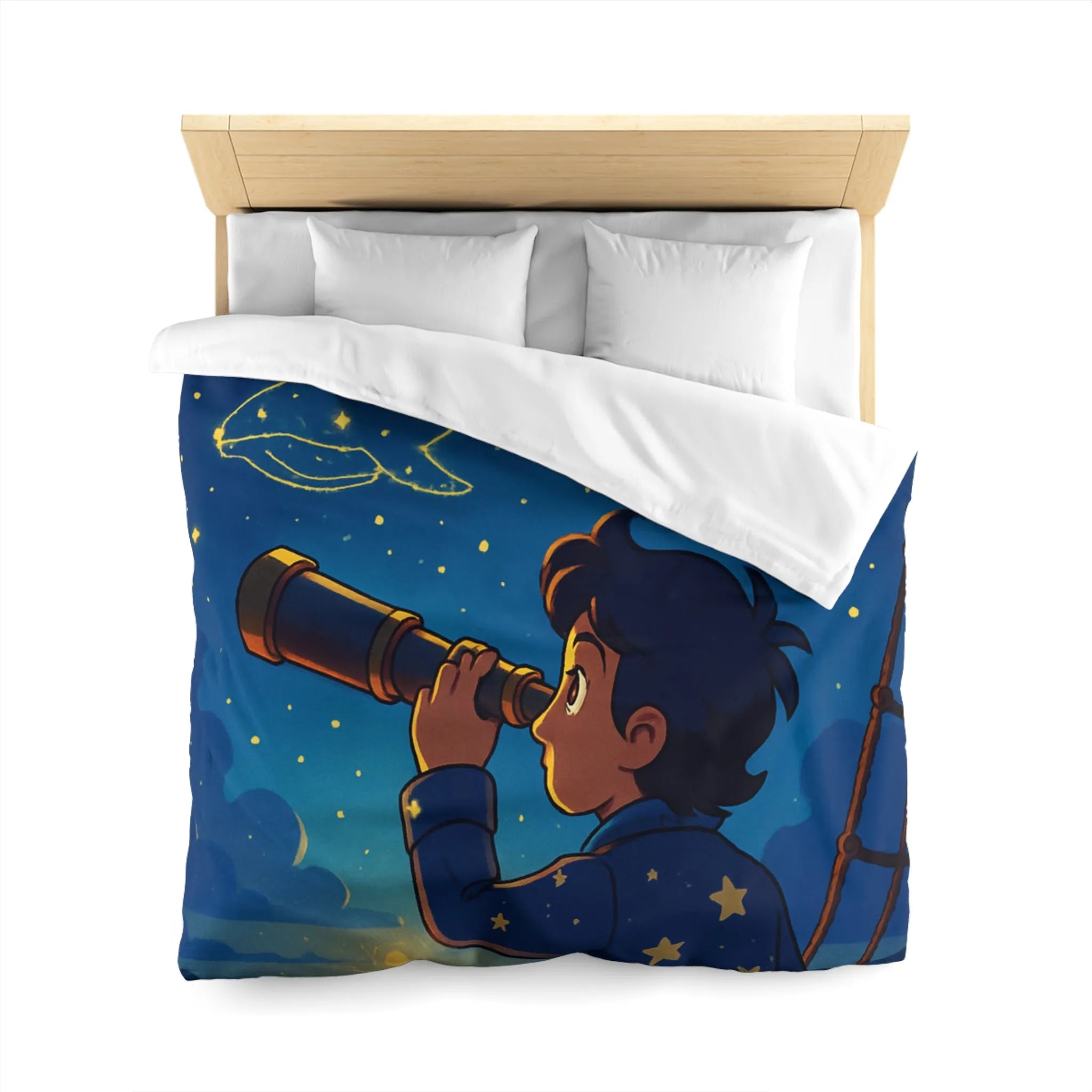 Housse de Couette Étoilée Enfant Rêveur Observant Constellations Célestes Bleu Nuit