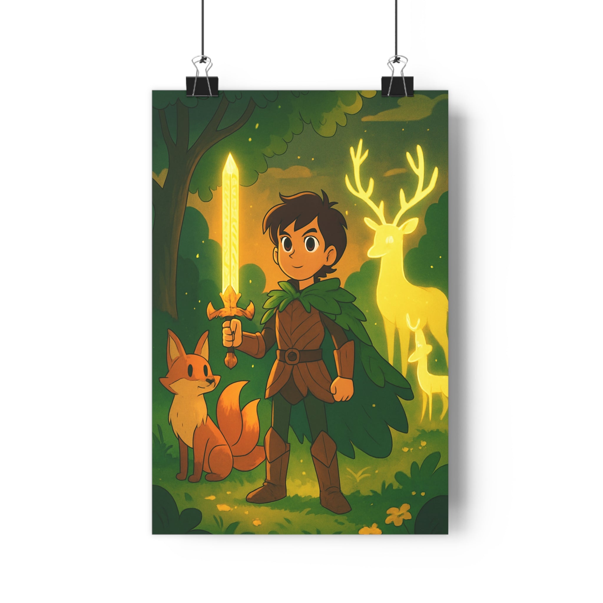 Poster décoratif fantastique cartoon forêt vert orange ambiance mystique adolescent chambre épée renard 30x46