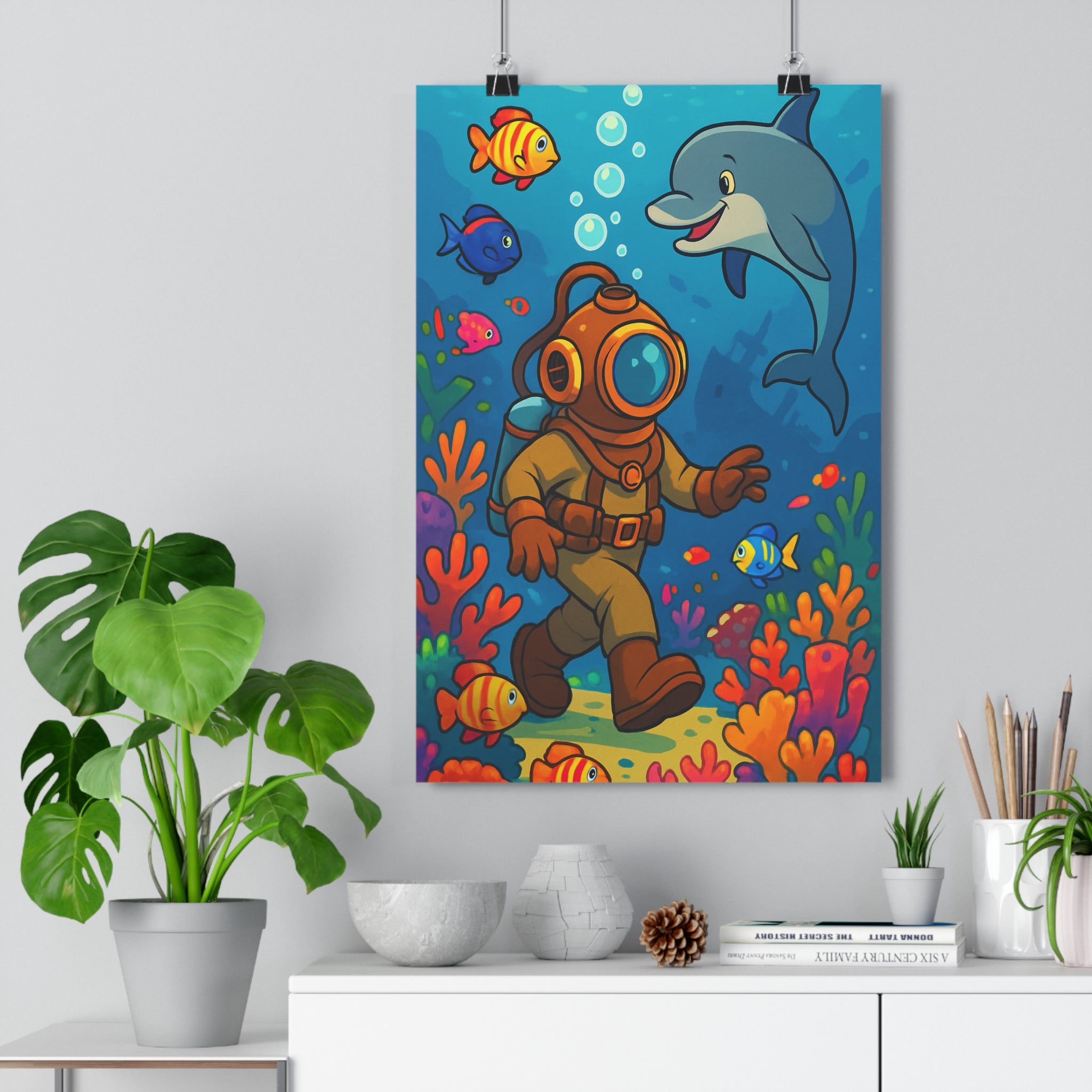 Poster décoratif aventure animé sousmarin coloré joyeux enfant chambre dessin animé océan vibrant corail