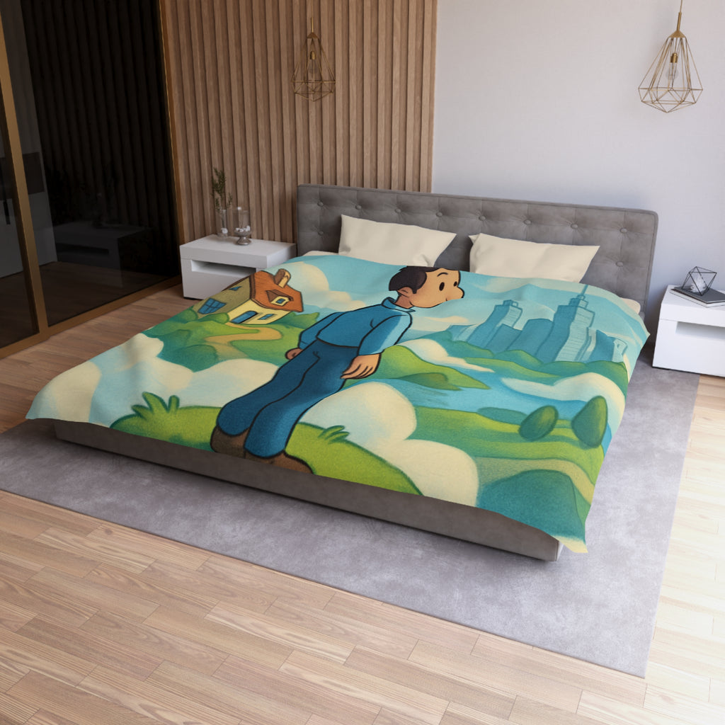 Illustration de rêve serein de paysage flottant avec personnage et ville éloignée