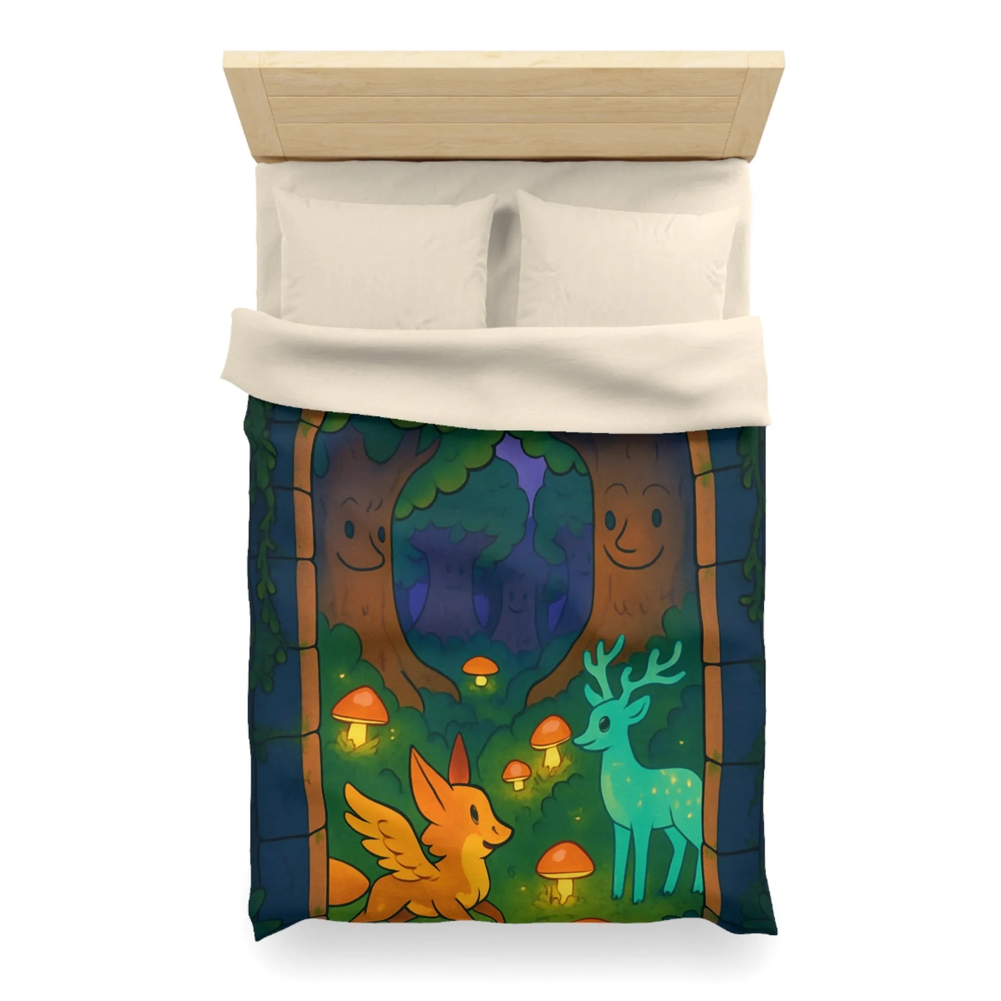 Housse de couette magique forêt enchantée avec créatures féériques et champignons lumineux