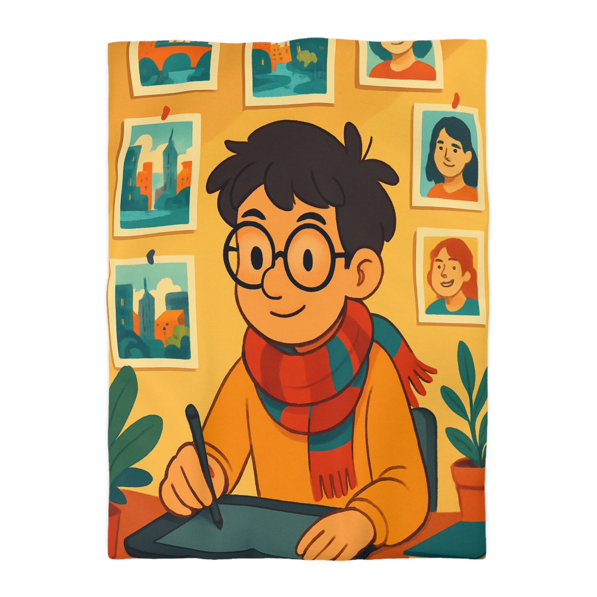 Housse de couette moderne avec illustrations colorées d'artiste travaillant dans un studio créatif