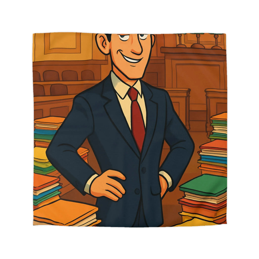 Élégante housse de couette rétro, piles de dossiers colorés, personnage confiant et distingué