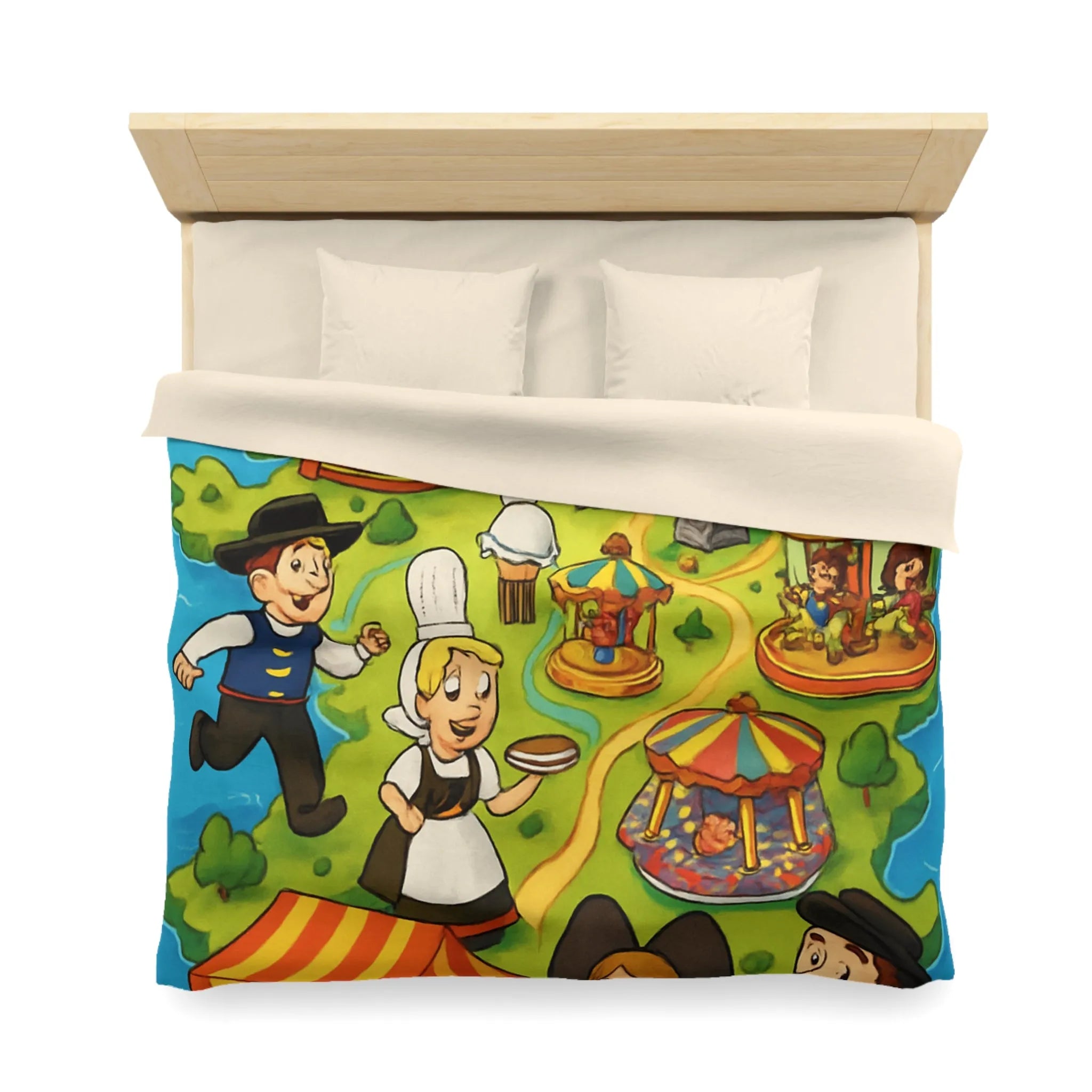 Housse de couette illustrant l'amusement et la culture française dans un parc coloré