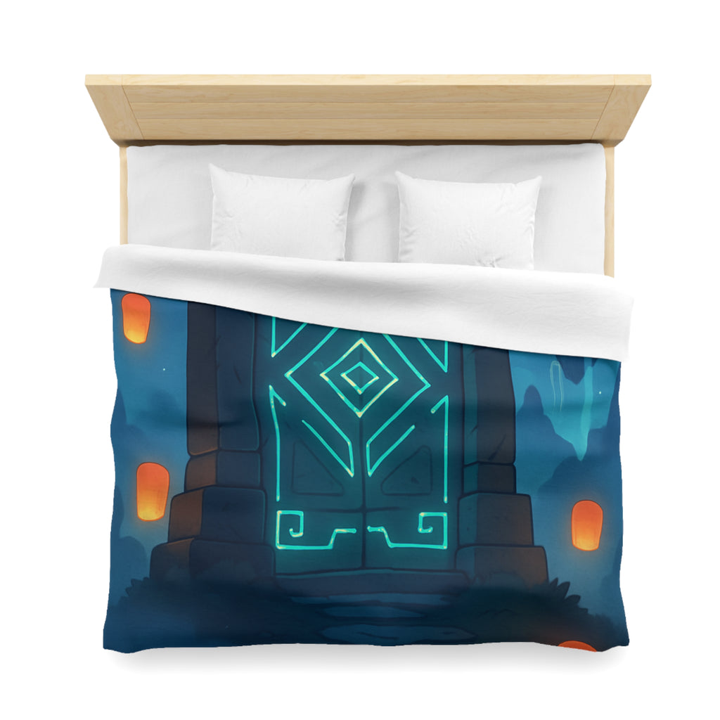 Housse de couette mystérieuse avec portail magique et lanternes flottantes sous ciel étoilé