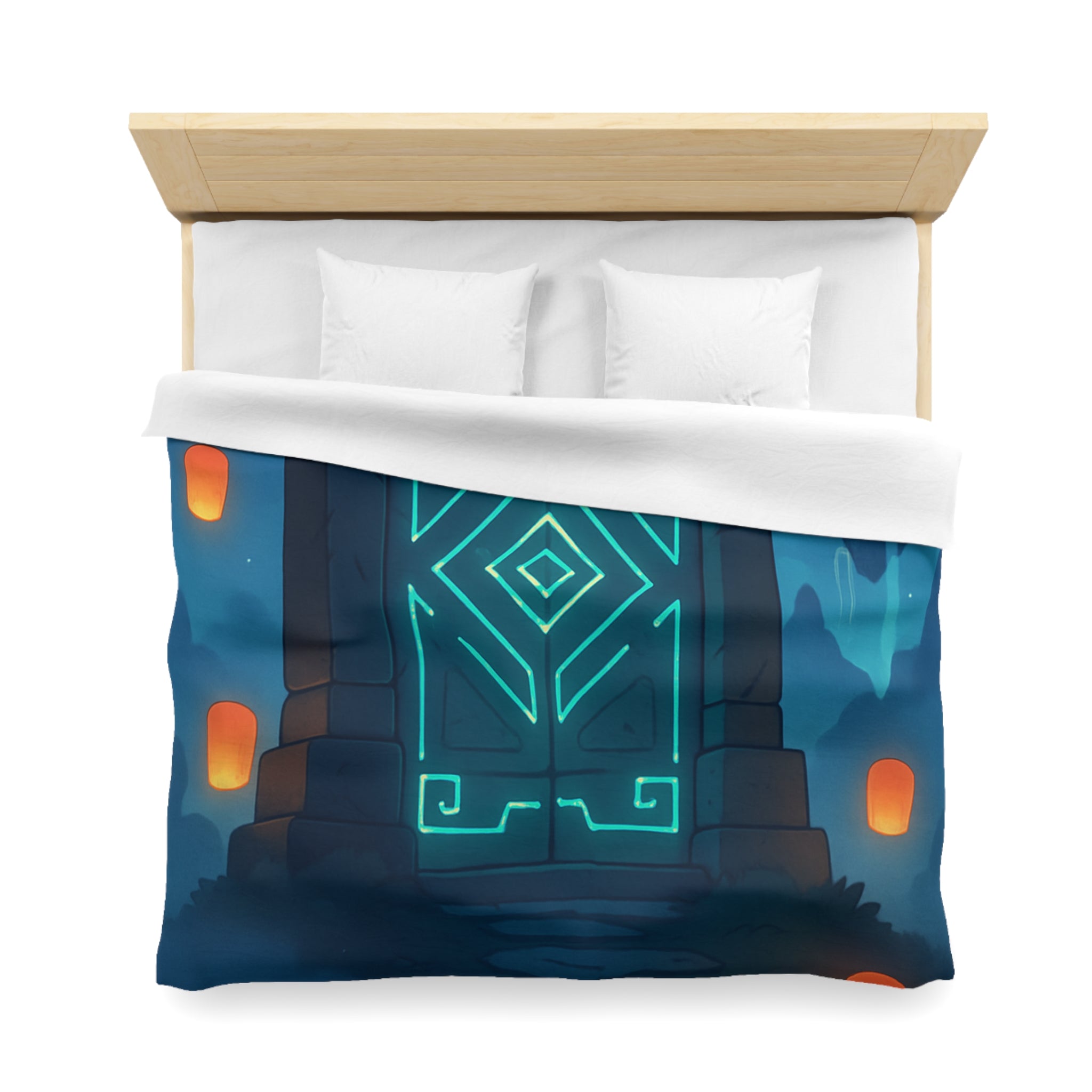 Housse de couette mystérieuse avec portail magique et lanternes flottantes sous ciel étoilé