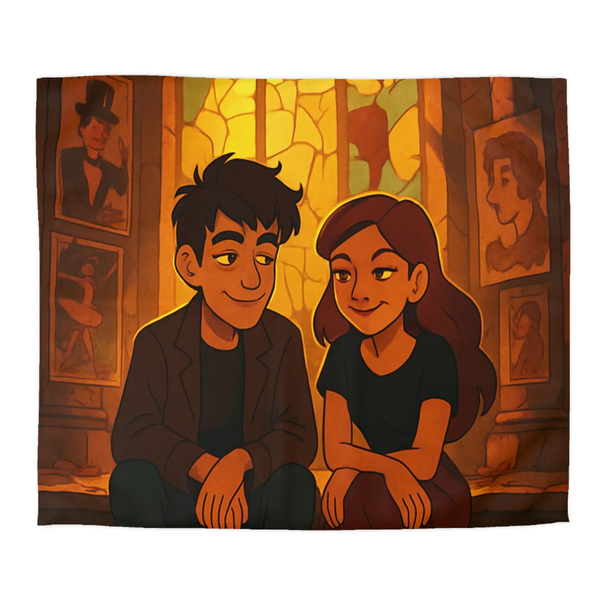 Housse de couette avec illustration romantique de couple devant vitrail chaleureux et intime