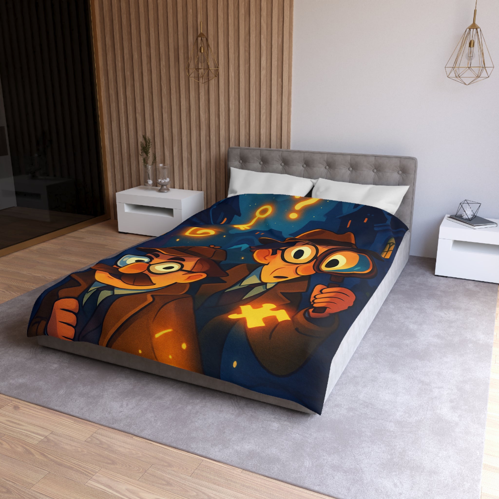 Housse de couette mystérieuse avec détectives sous un ciel étoilé, lunettes et loupe