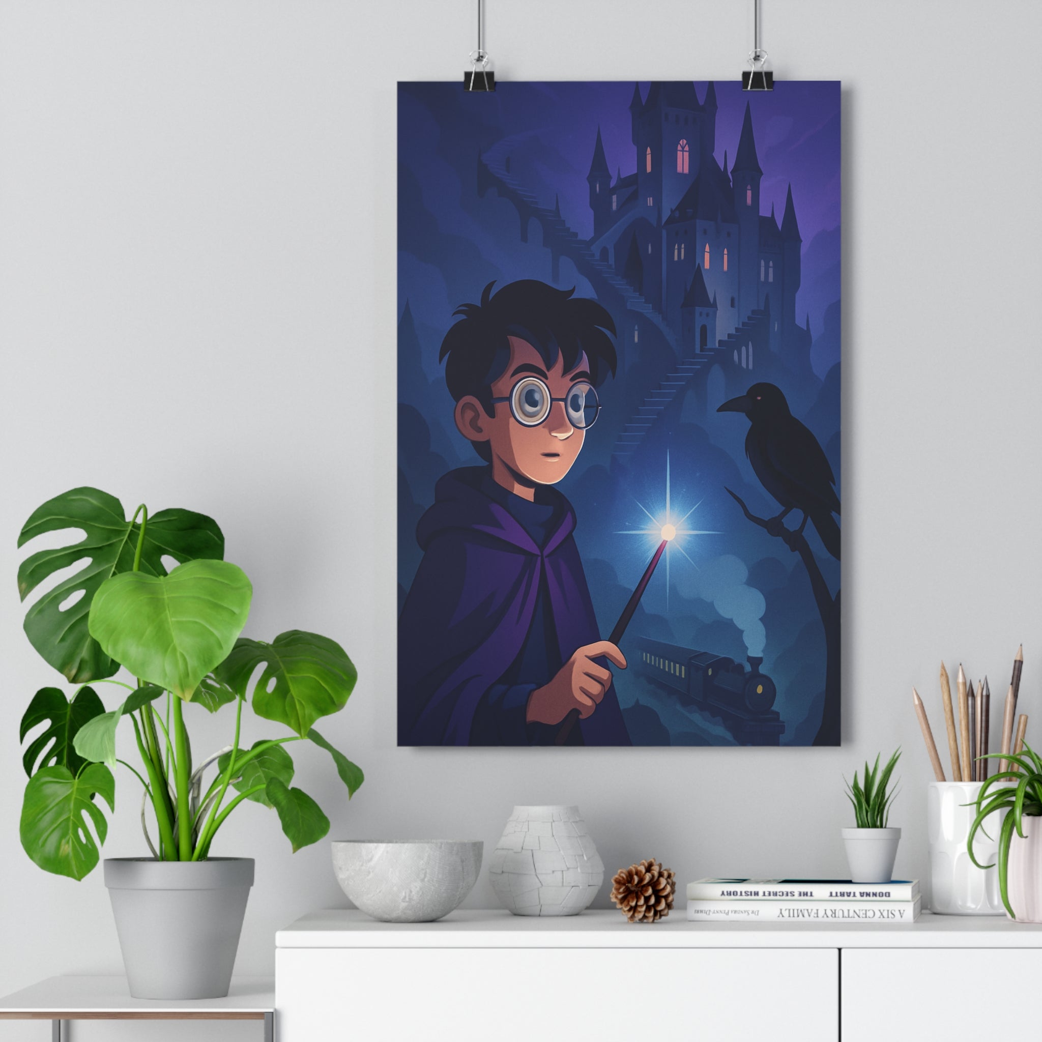 Poster décoratif sorcier mystique violet bleu château aventure nocturne chambre bureau enfant original qualité