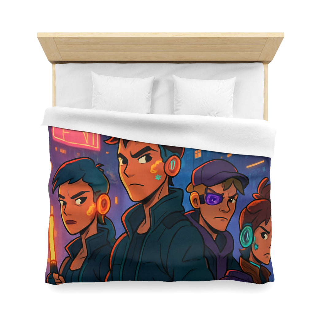 Housse de couette style rétro futuriste avec scène urbaine néon et personnages cyberpunk