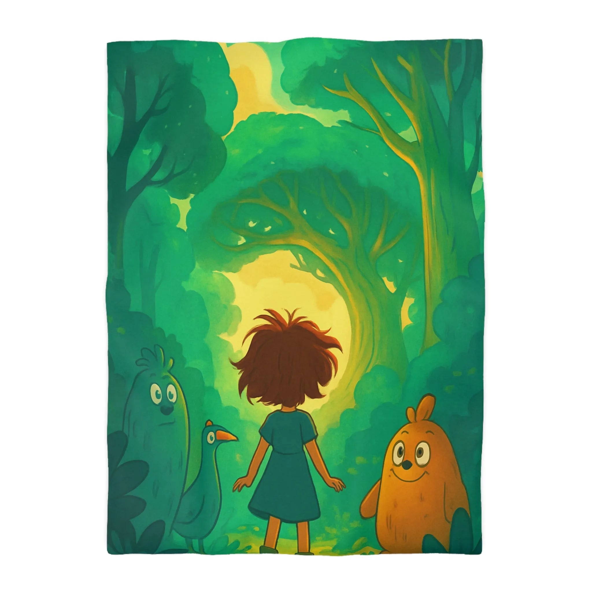 Housse de couette forêts enchantées avec animaux et personnage central, ambiance magique