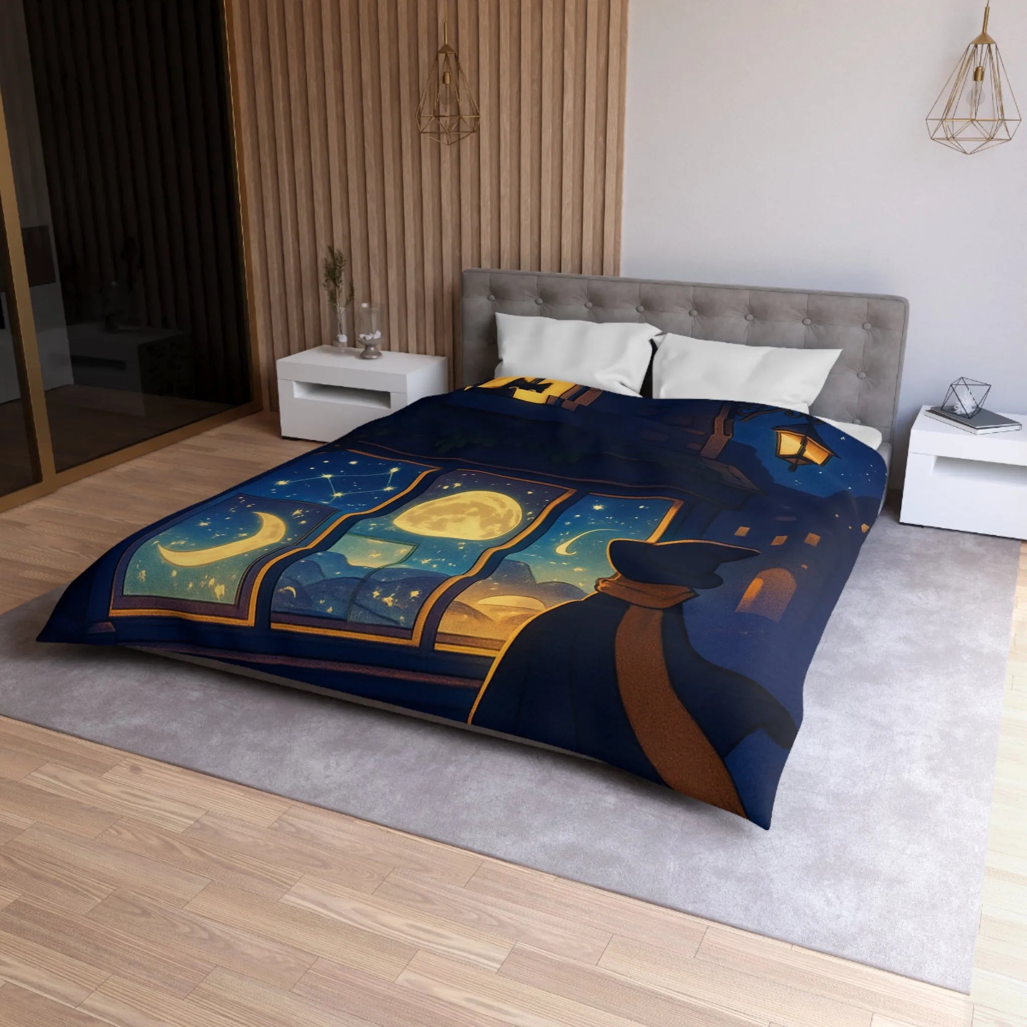 Housse de couette magique avec scène nocturne féerique, chat mystique et ciel étoilé