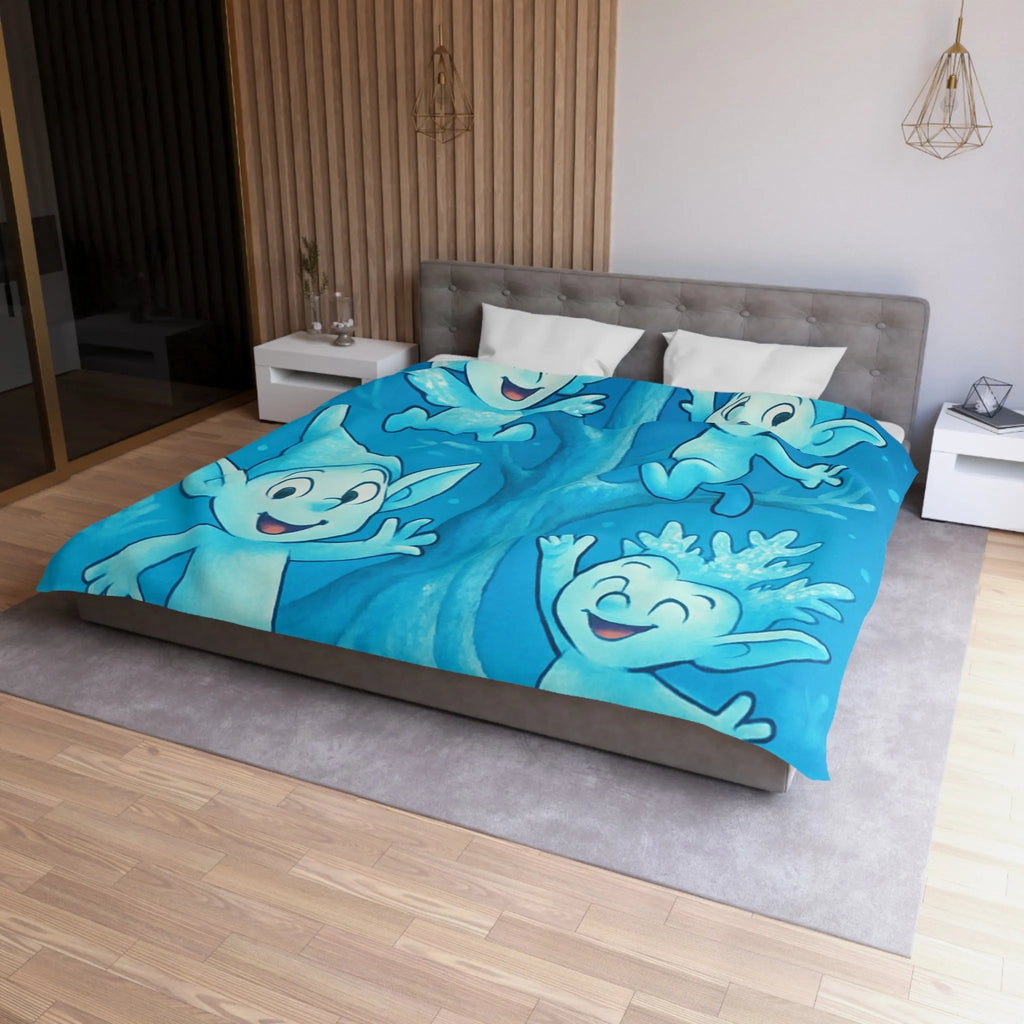 Housse de couette féerique avec lutins bleus dans forêt enchantée hivernale et magique