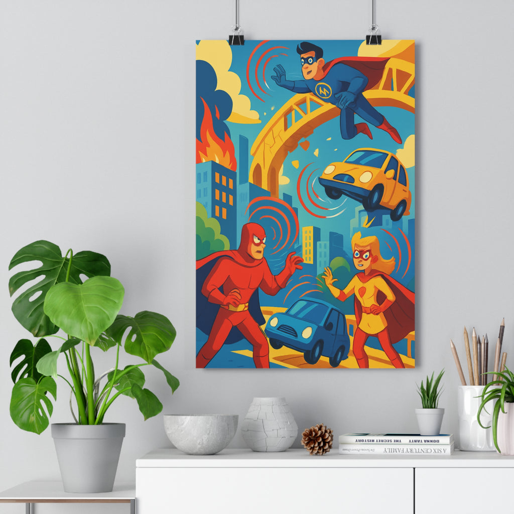 Poster décoratif cartoon superhéros dynamique bleu rouge jaune aventure chambre enfant coloré vibrant captivant