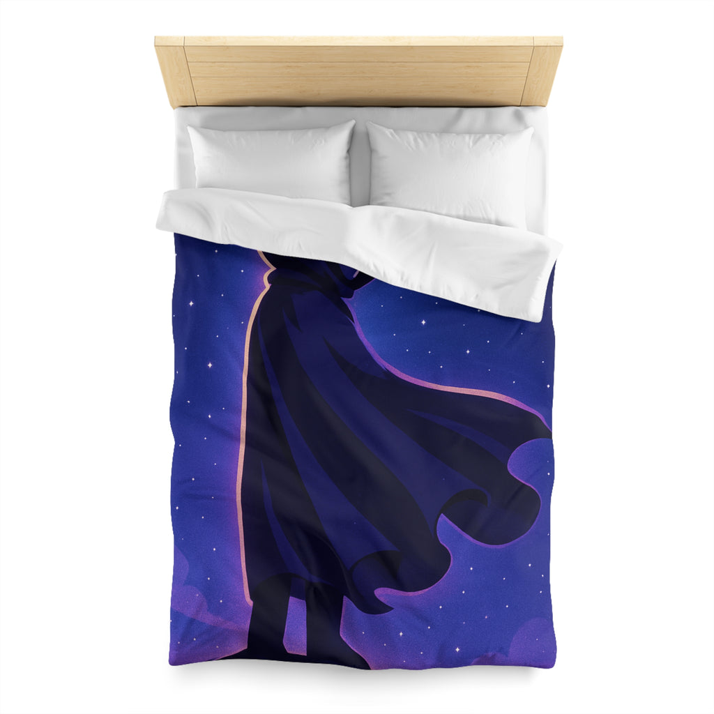 Housse de couette mystérieuse avec silhouette en cape sous un ciel étoilé magique