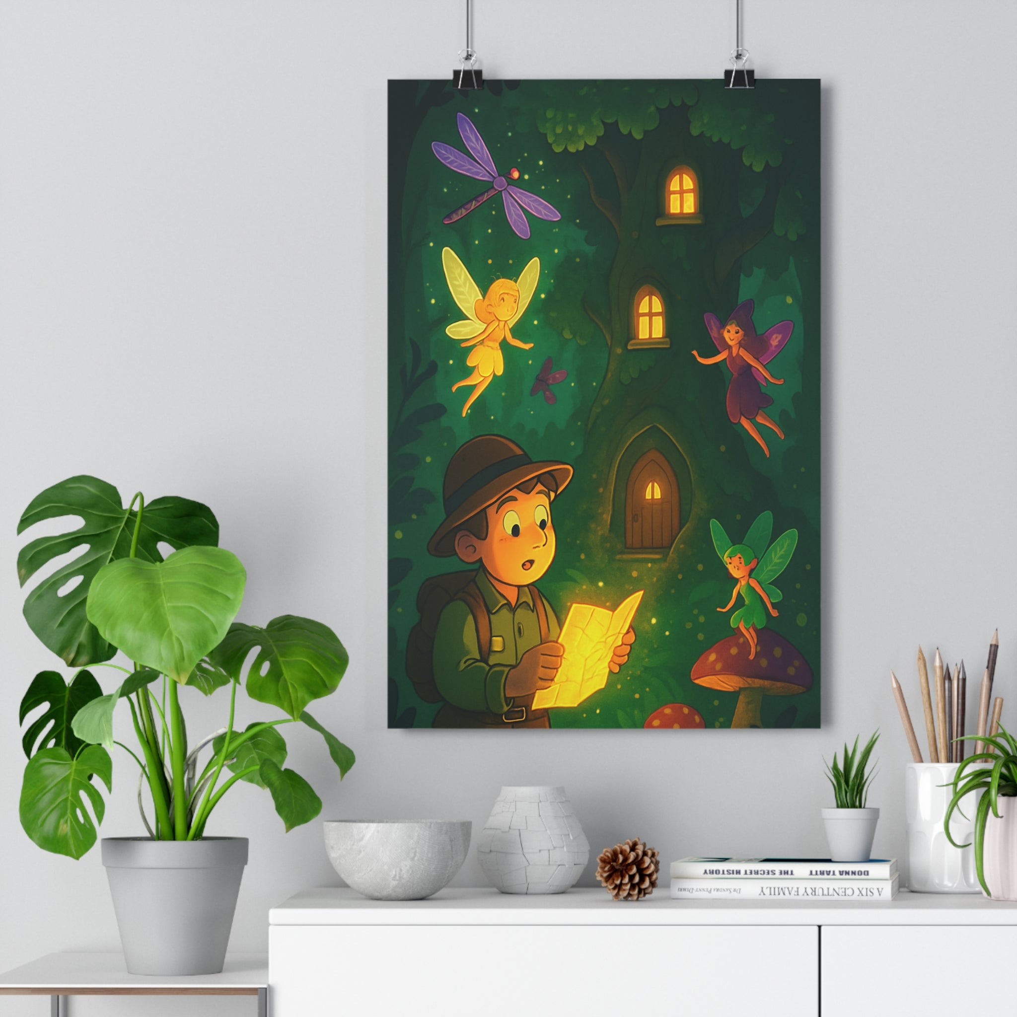 Poster décoratif féerique vert jaune aventure forêt mystique chambre enfant magique explorateur lumineux enchanté