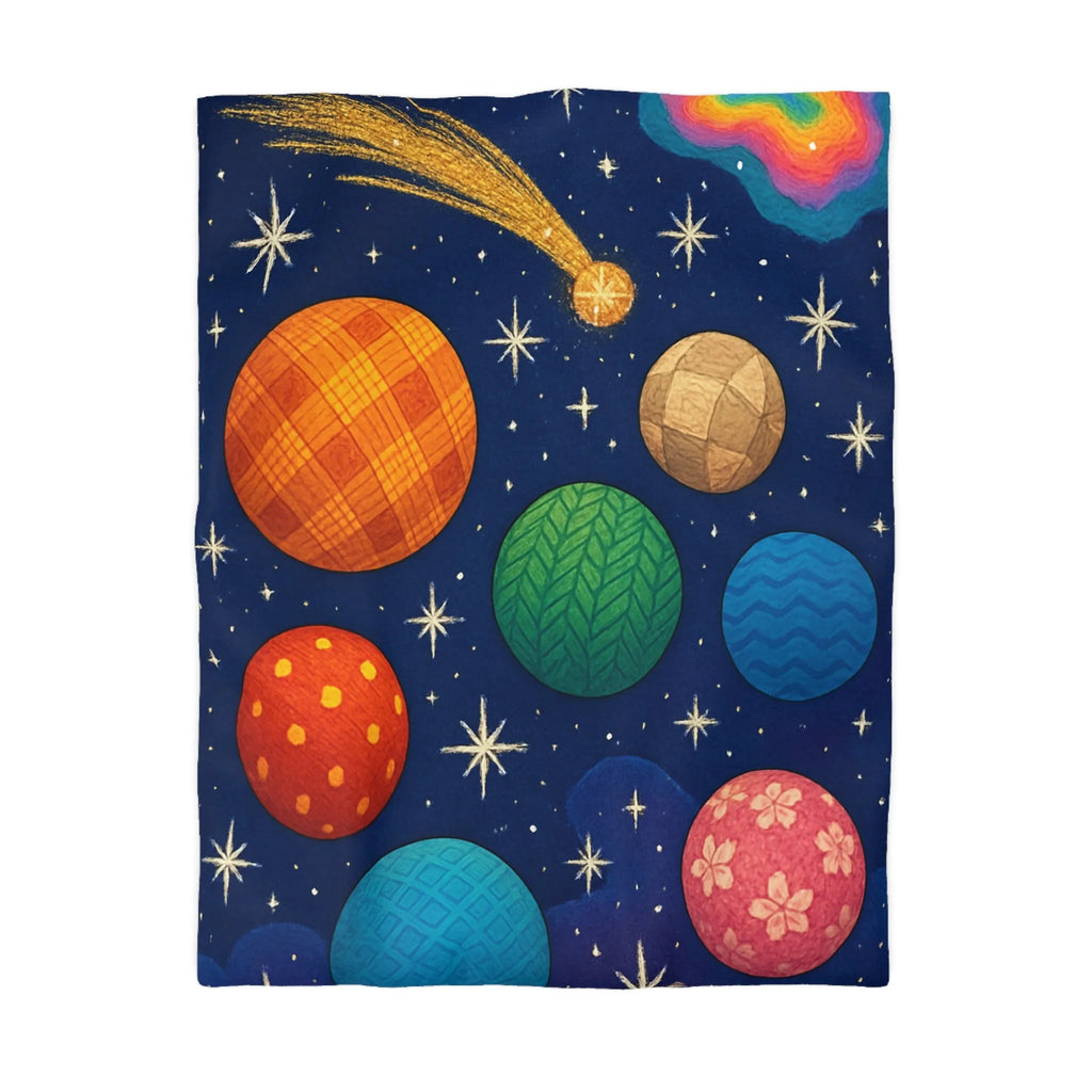 Housse de couette colorée avec planètes texturées, étoiles brillantes et nébuleuse mystique