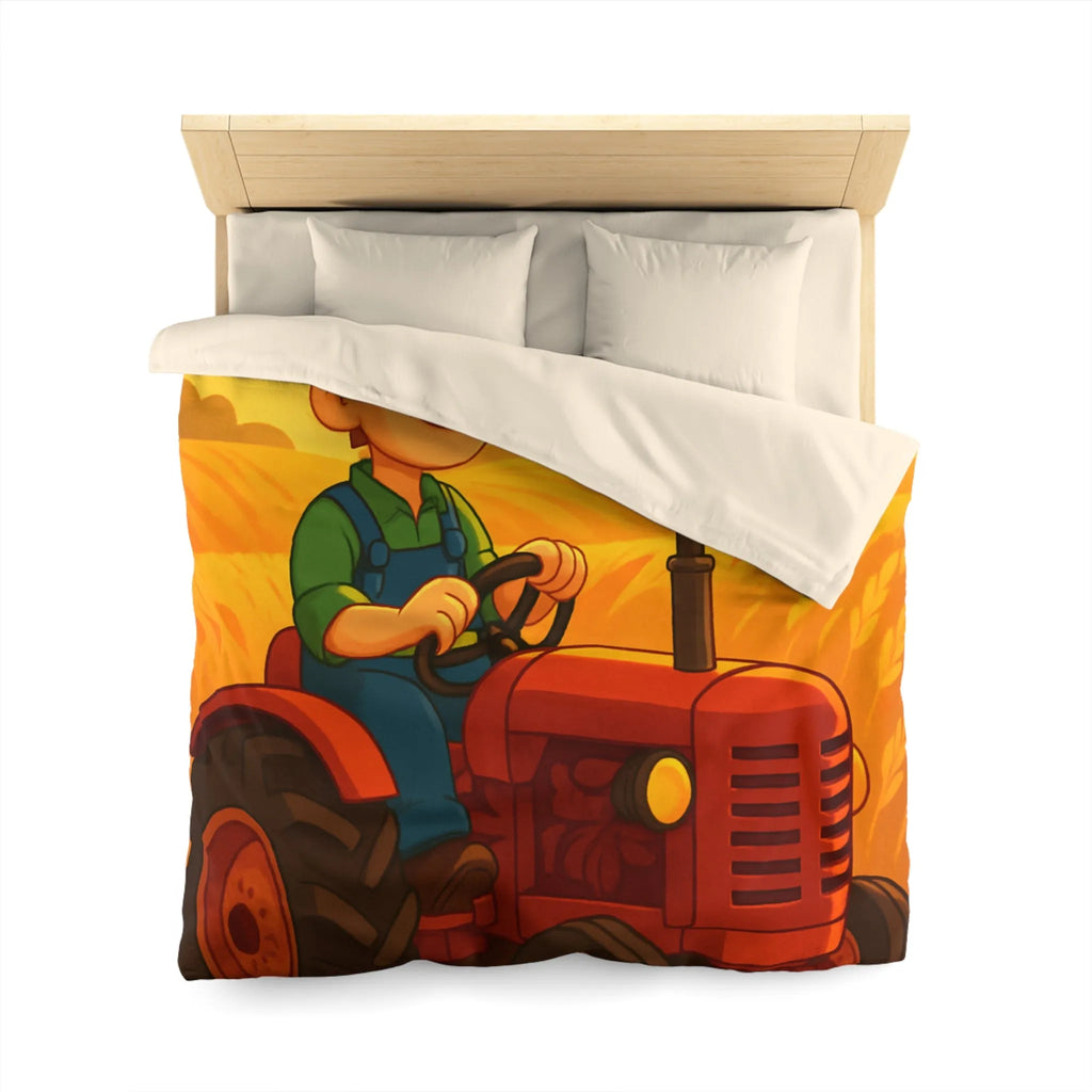 Housse de couette avec motif champêtre : tracteur, épouvantail et champ sous soleil couchant