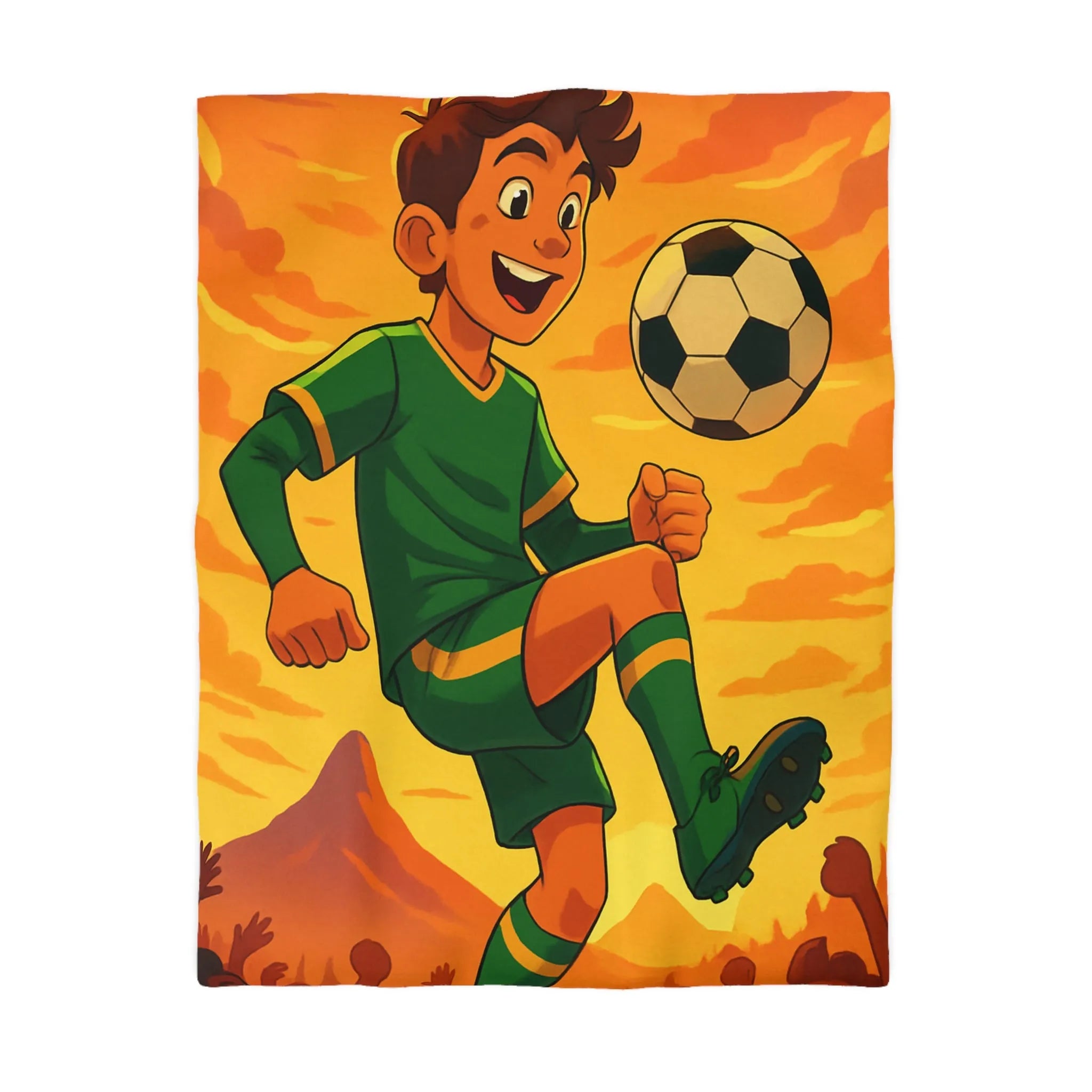 Housse de Couette avec Enfant Jouant au Football au Coucher du Soleil Montagneux