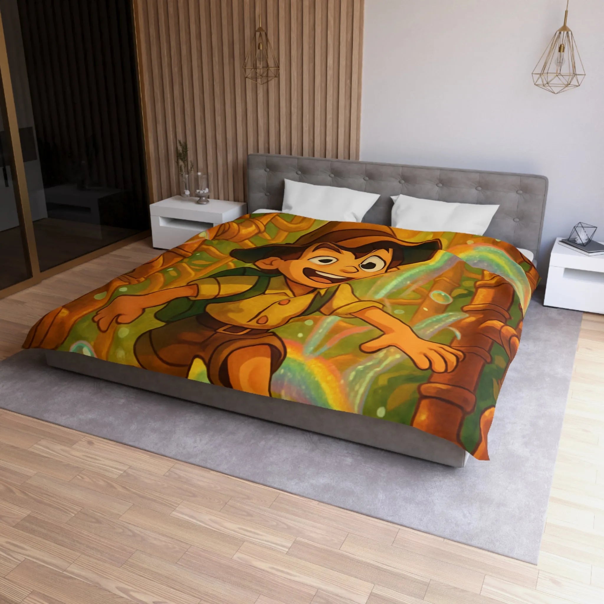 Housse de couette enfantine : garçon explorateur, tuyaux dorés, arcs-en-ciel et bulles joyeuses