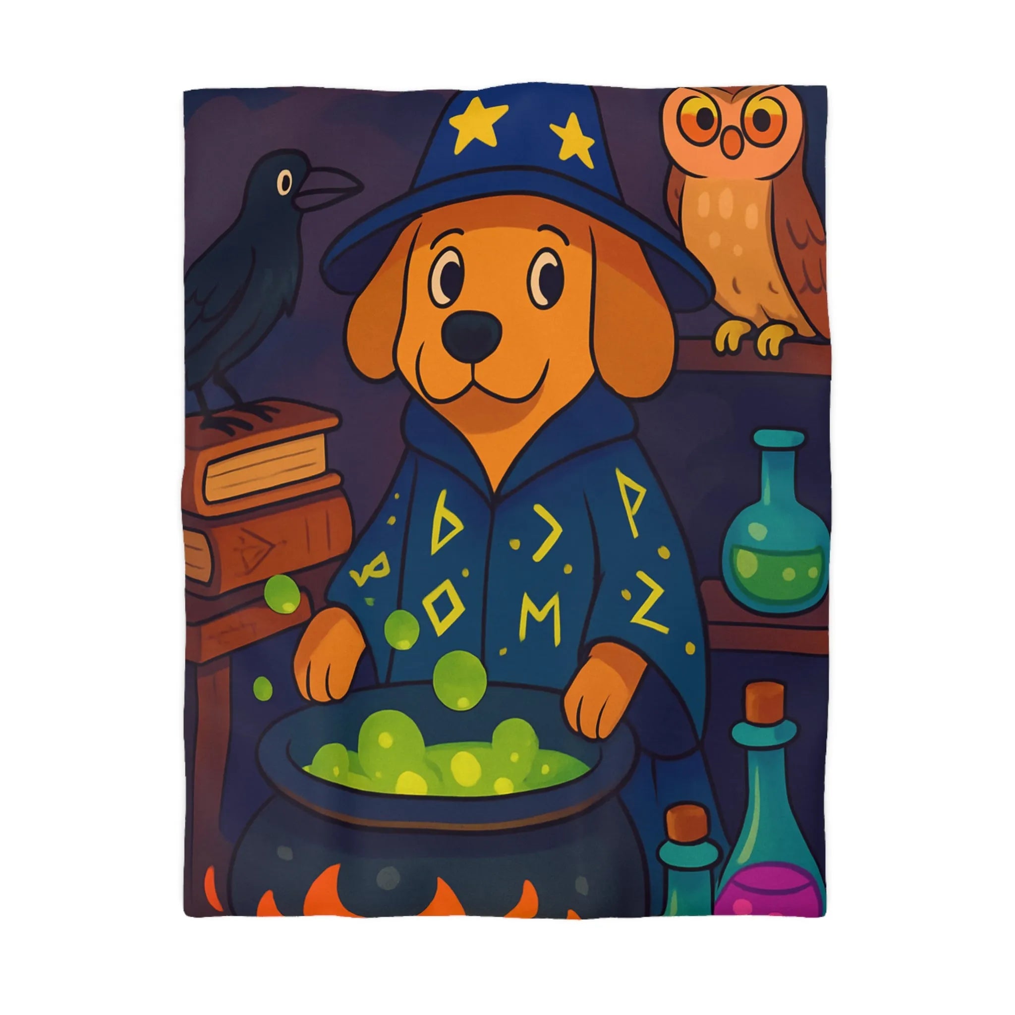 Housse de couette colorée avec chien sorcier, chaudron magique et potions enchantées