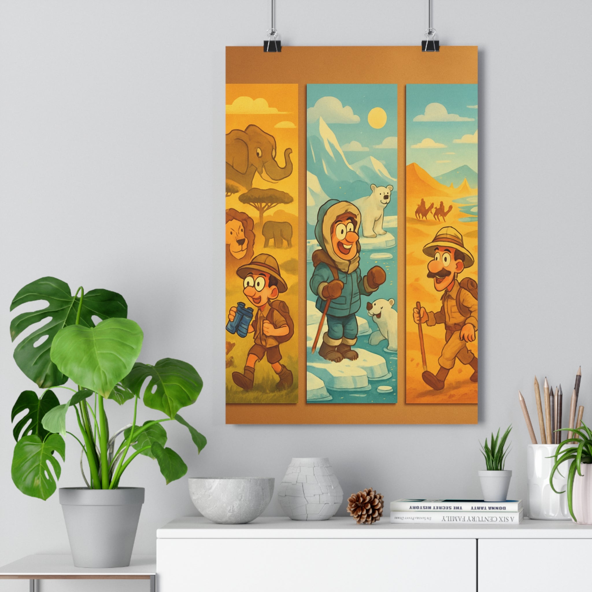 Poster décoratif aventure cartoon coloré explorateur savane désert glace éléphants lions ours chambre qualité