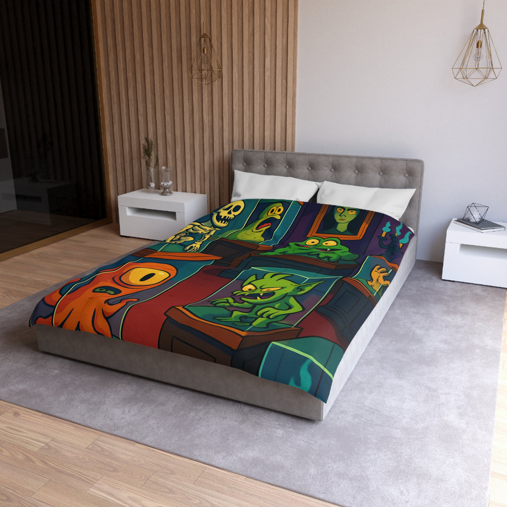 Housse de couette pour enfant avec monstres comiques dans un musée fantaisiste et coloré