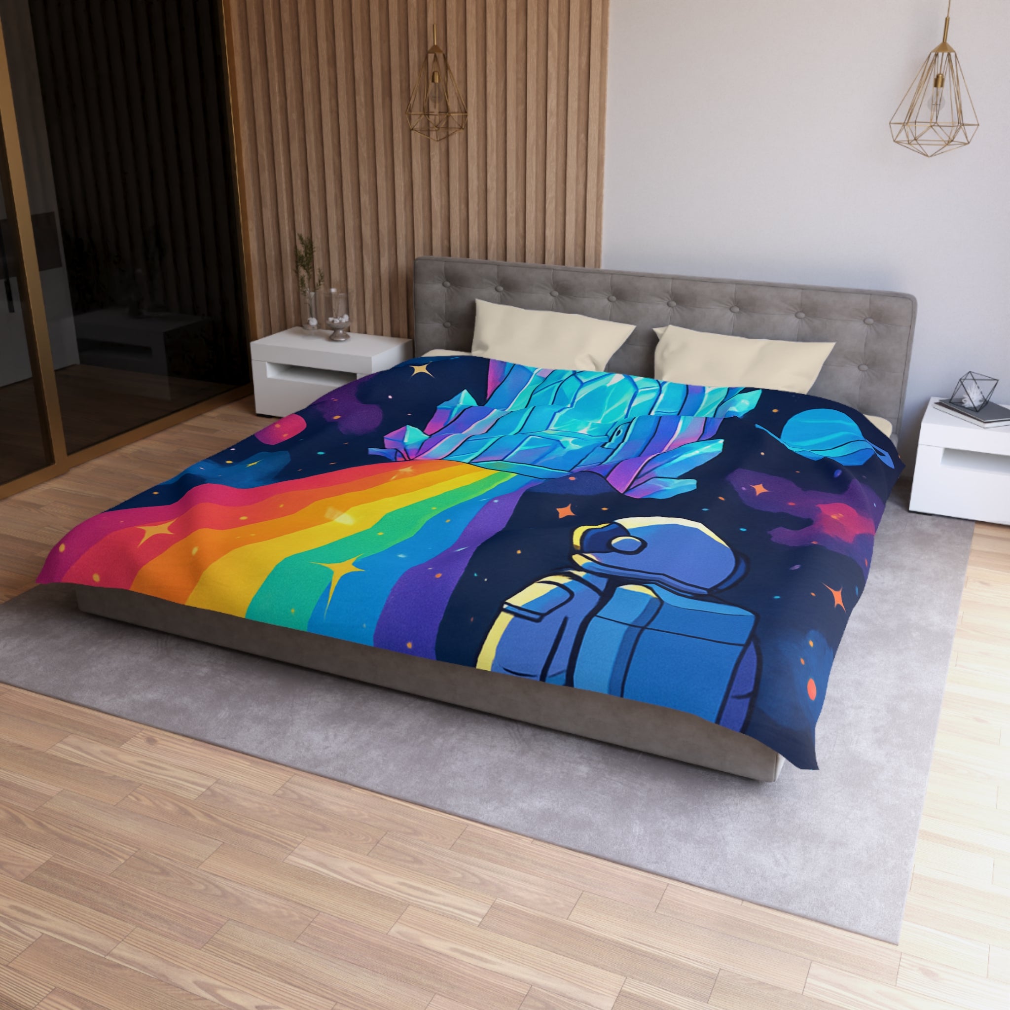 Housse de couette rêve cosmique : astronaute, porte de cristal et univers coloré