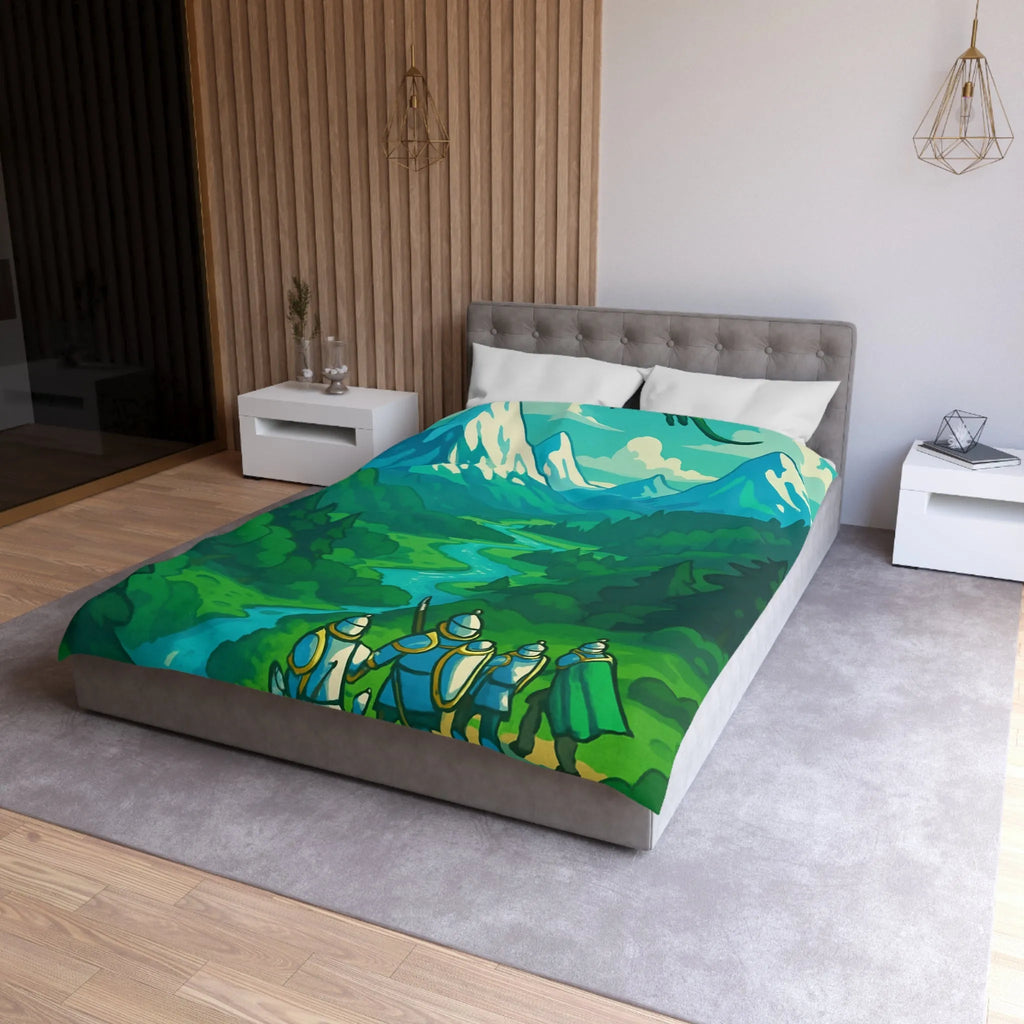 Housse de couette médiévale illustrée avec chevaliers et dragon dans paysage montagneux épique