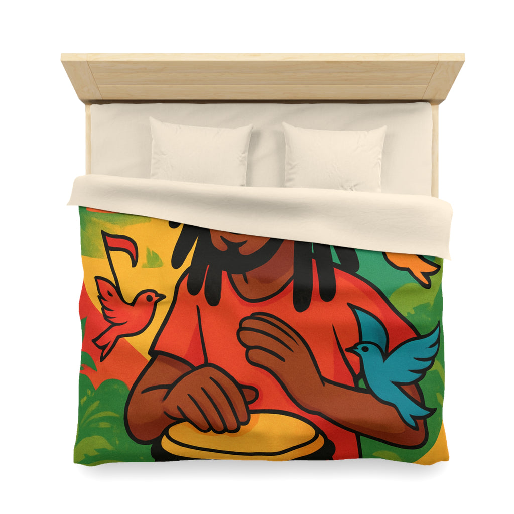 Housse de couette vibrante arc-en-ciel reggae avec tambour, palmiers et oiseaux colorés