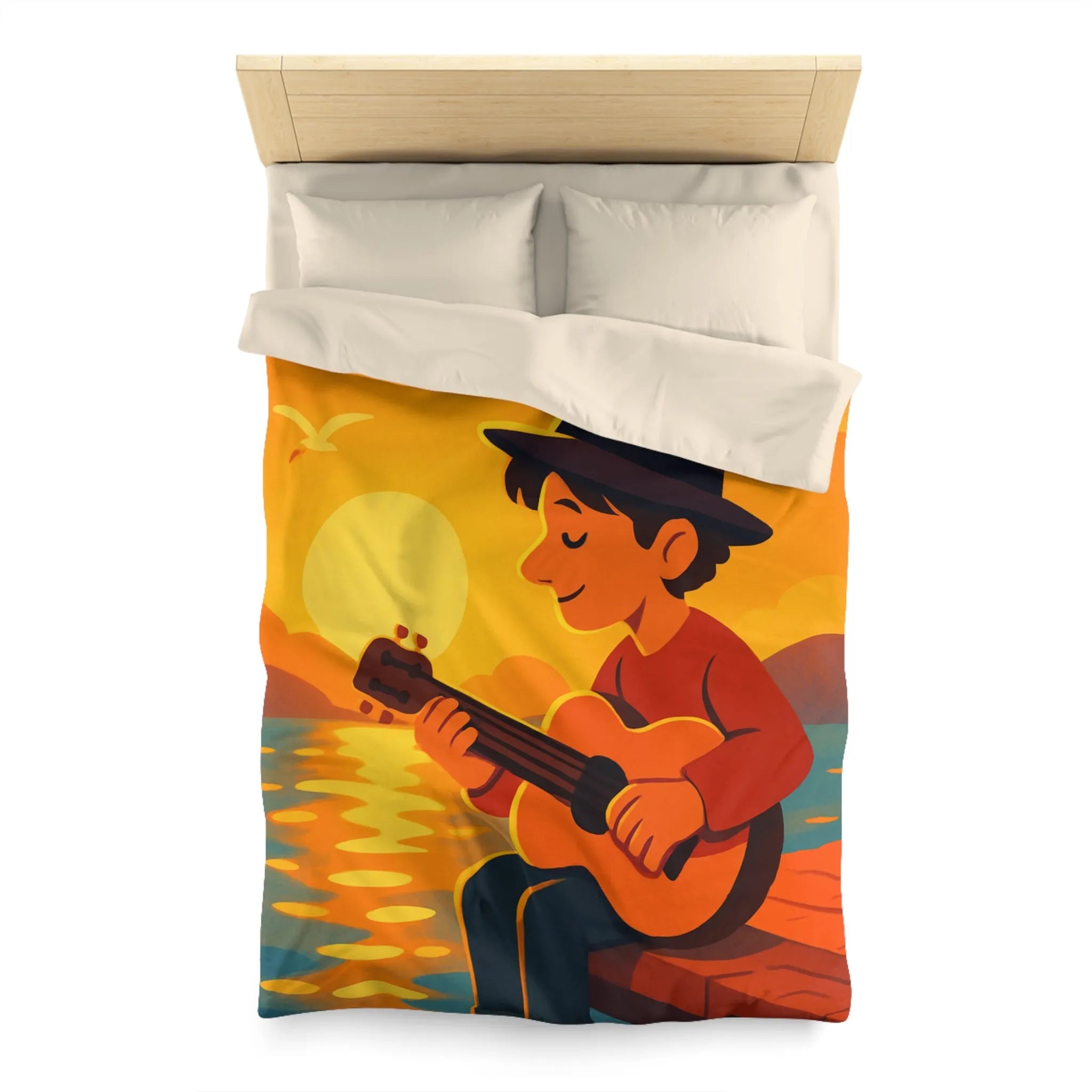 Housse de couette avec illustration relaxante d'un coucher de soleil et musicien