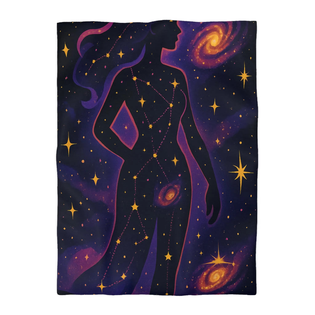 Housse de couette artistique silhouette femme constellation étoiles nébuleuses ambiance cosmique