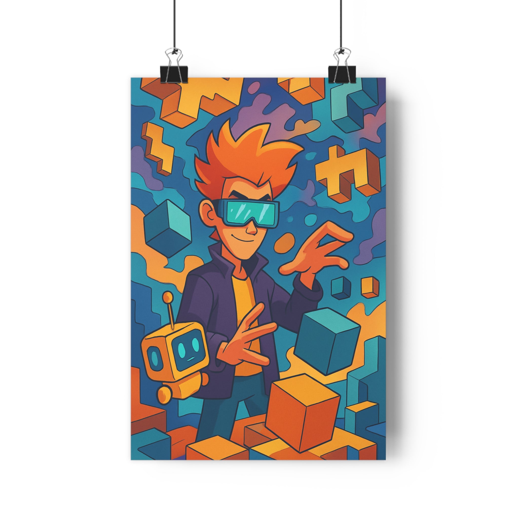 Poster décoratif aventure orange bleu cartoon dynamique chambre enfant futuriste lumineux joyeux moderne design