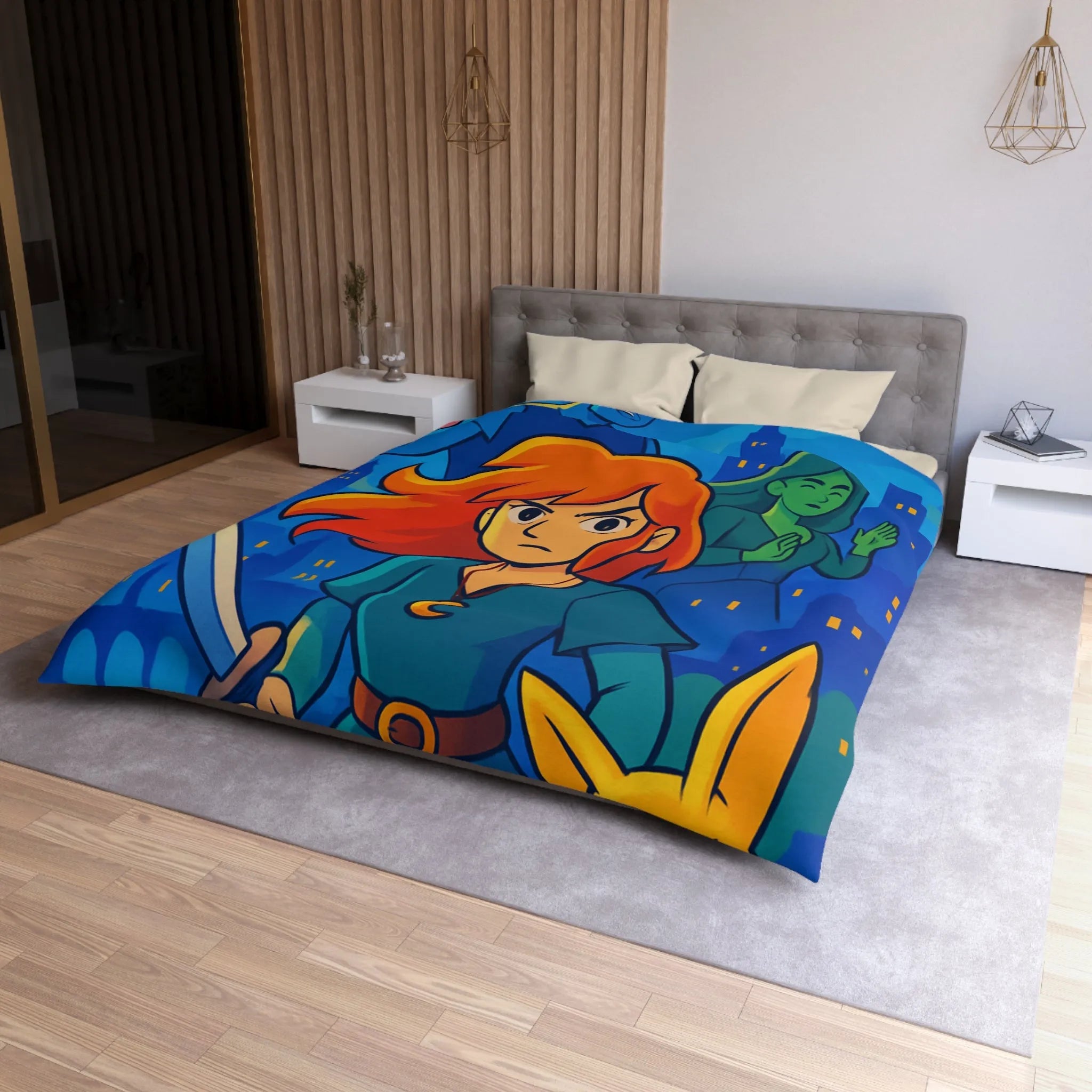 Housse de couette héroïque avec épée, ville nocturne et créatures fantastiques colorées