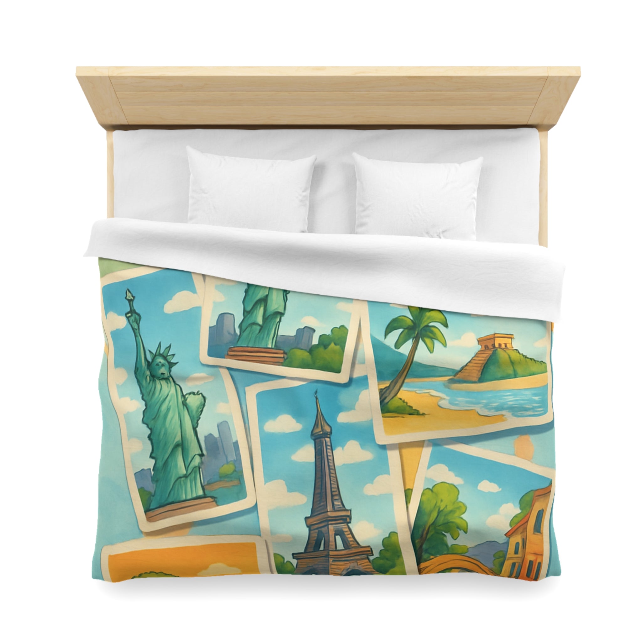 Voyage Mondial Coloré: Housse de Couette avec Monuments et Paysages Iconiques des Continents
