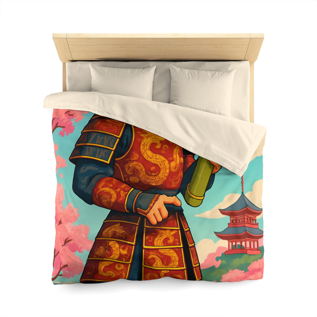 Housse de Couette Samouraï Japonais avec Armure Traditionnelle et Cerisiers en Fleurs