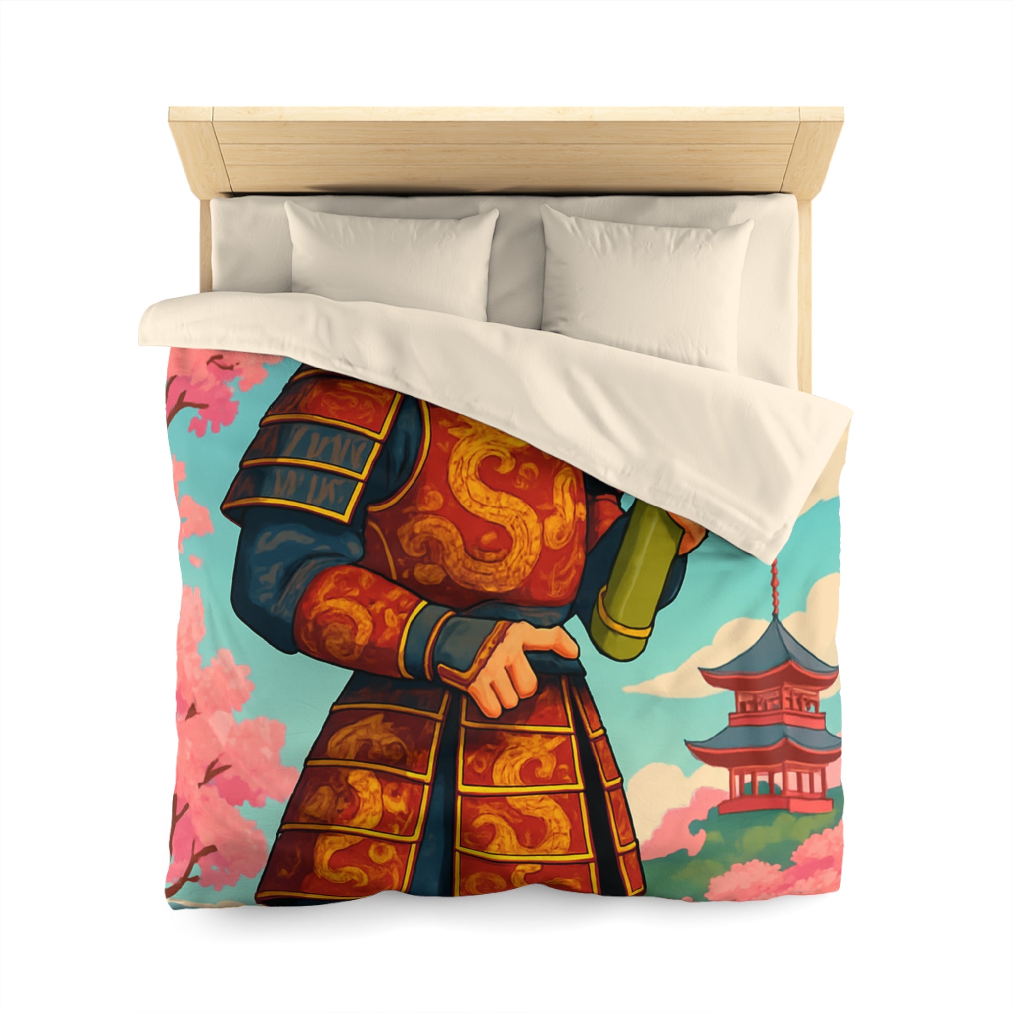 Housse de Couette Samouraï Japonais avec Armure Traditionnelle et Cerisiers en Fleurs