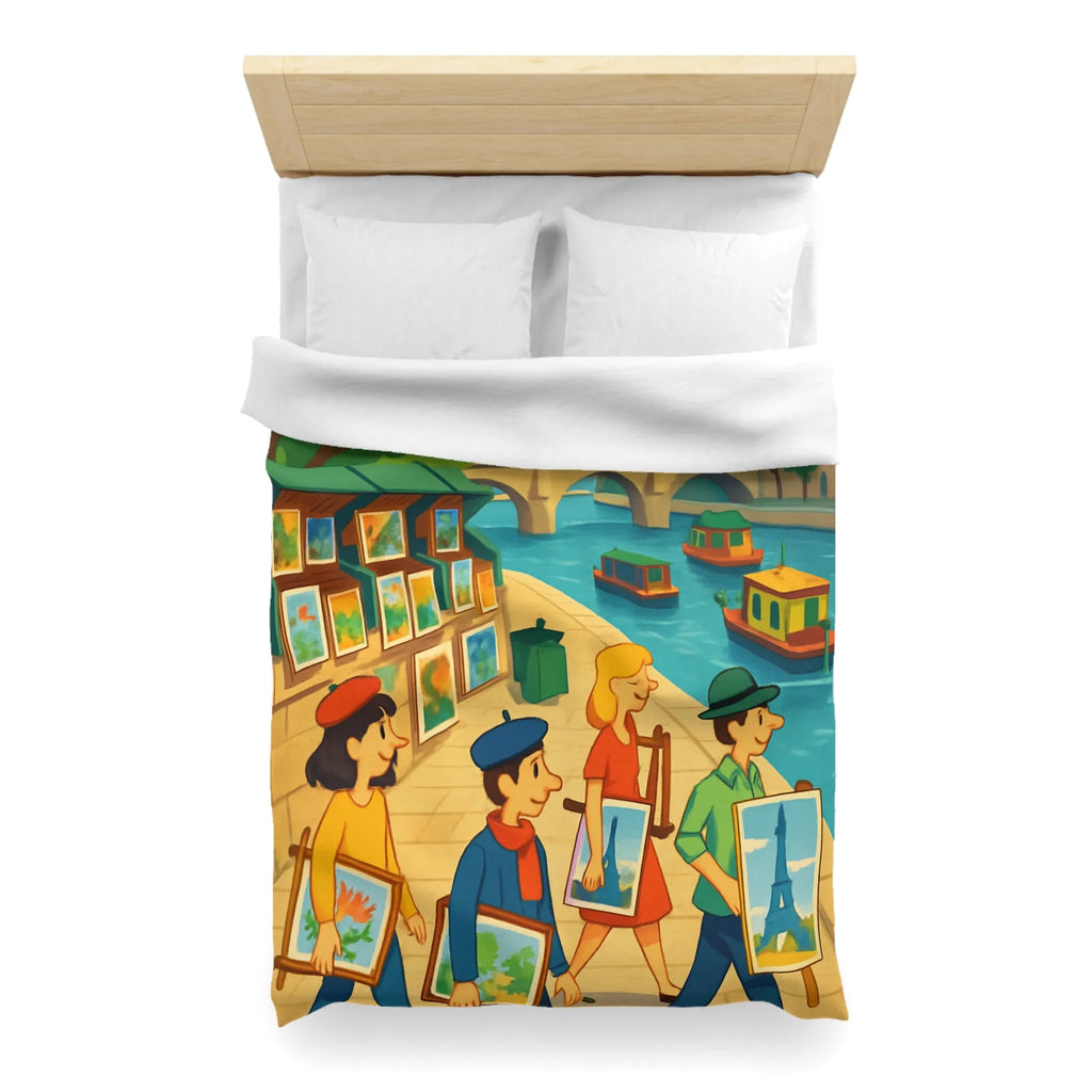 Housse de couette artistique thème parisien avec scènes de quai colorées et peintres joyeux