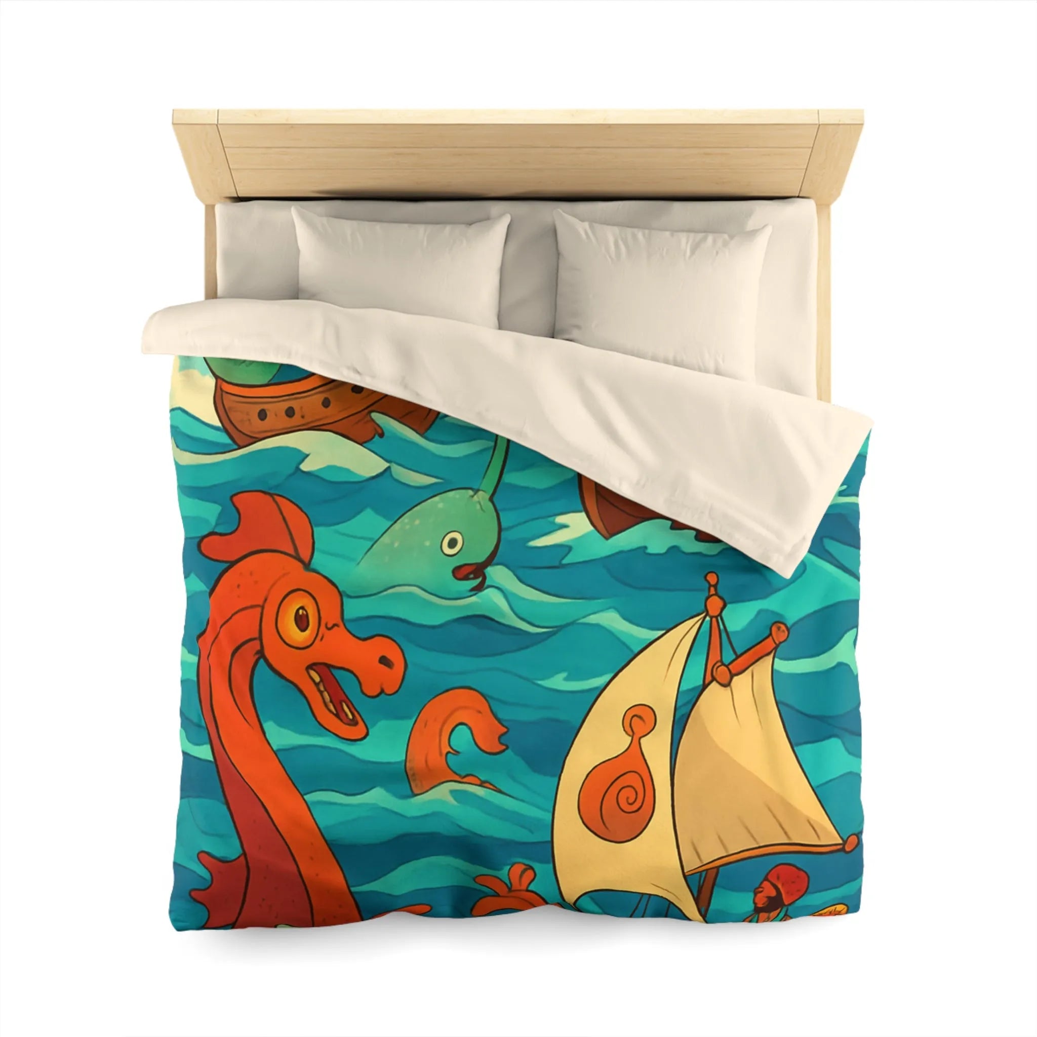 Housse de Couette Colorée avec Bateaux et Créatures Maritimes dans Stil Nautique Fantasy