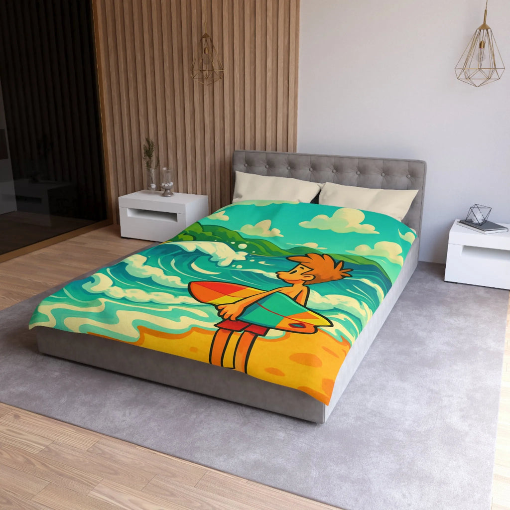 Housse de couette avec dessin coloré de plage pour enfants et surfeur