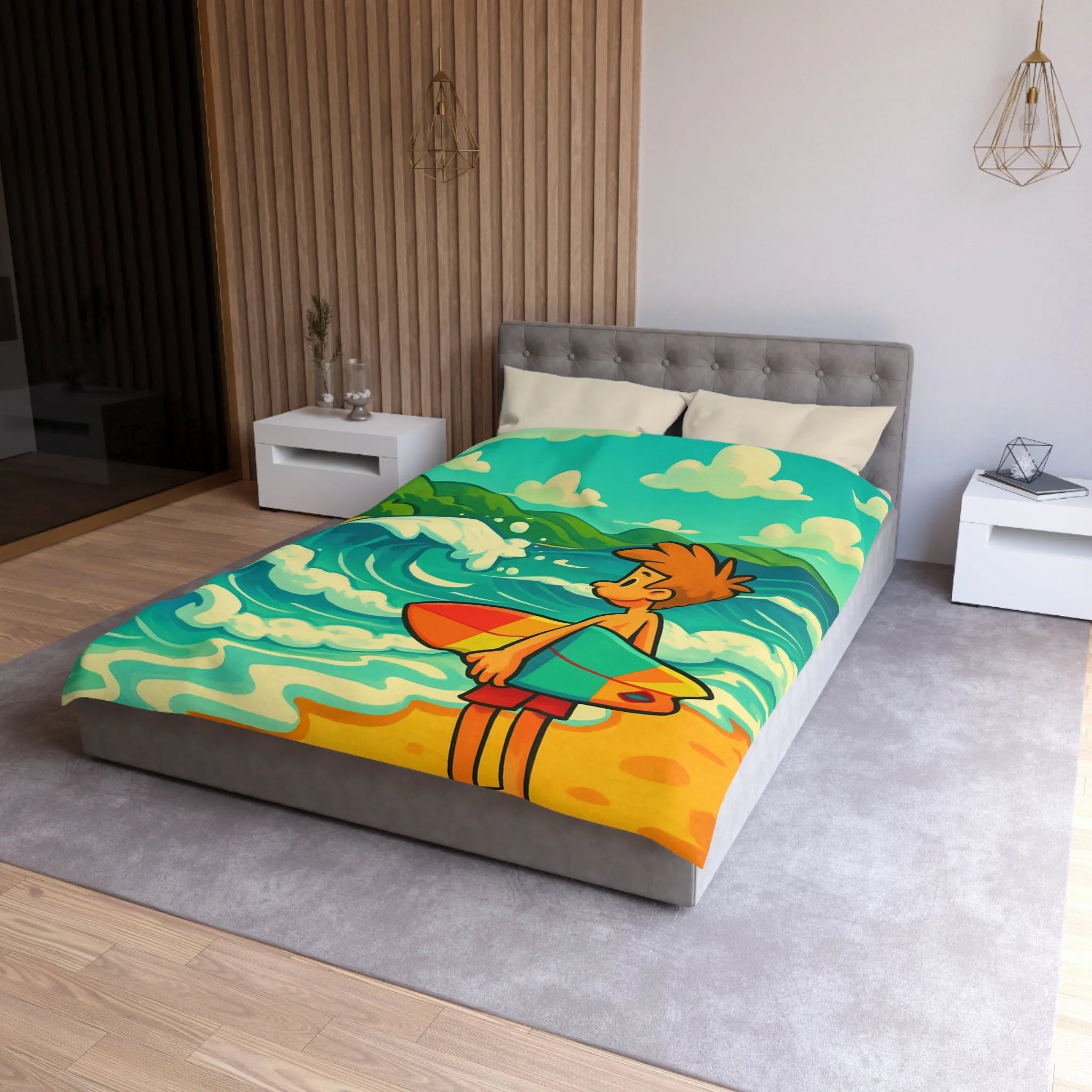 Housse de couette avec dessin coloré de plage pour enfants et surfeur