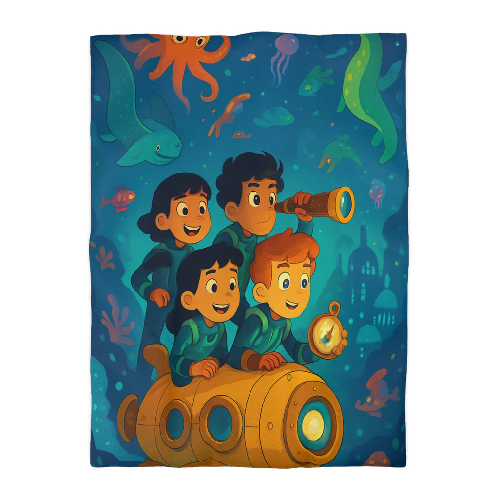 Housse de couette sous-marine avec enfants explorateurs et animaux marins joyeux