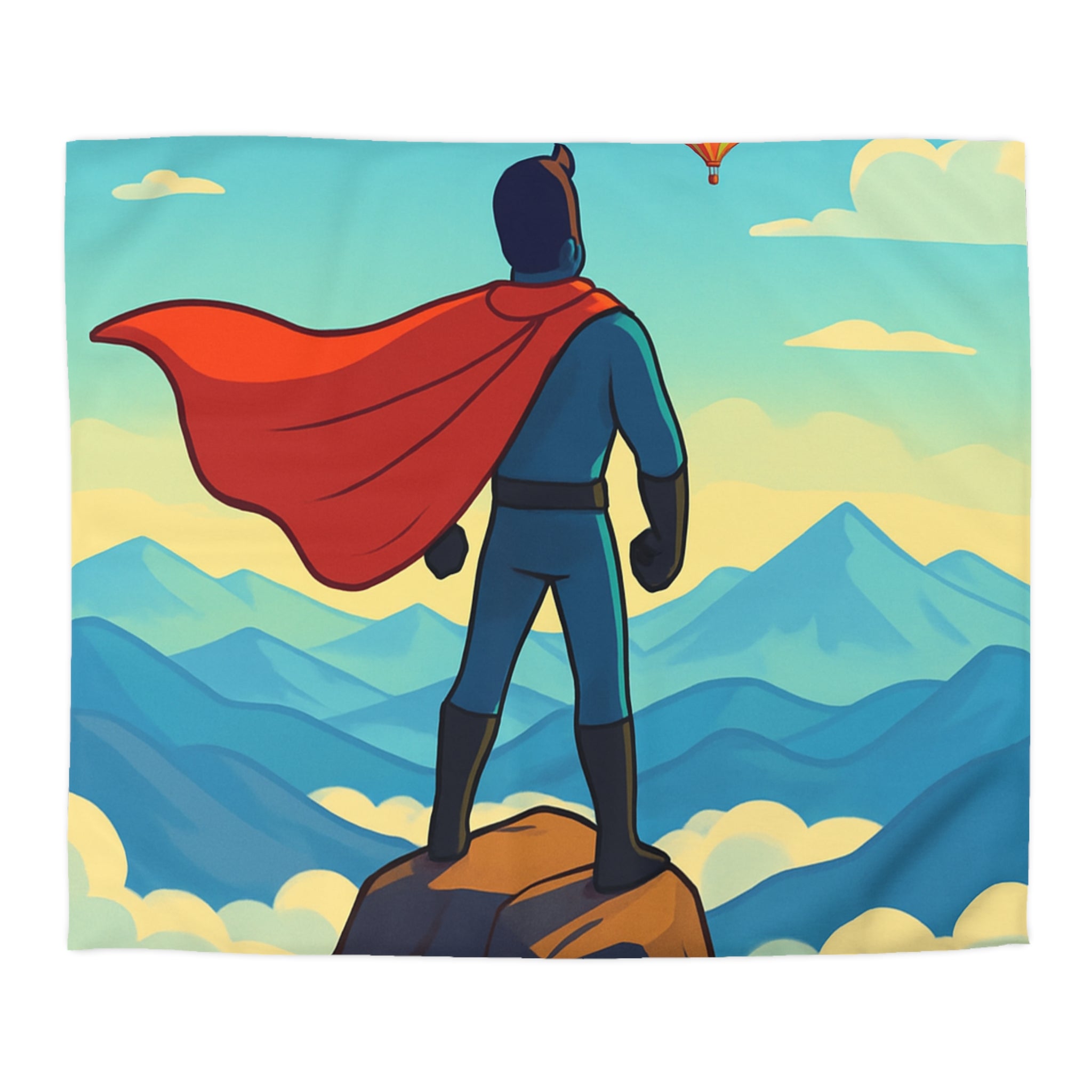 Housse de couette super-héros face montagne montgolfières colorées ciel bleu rêve