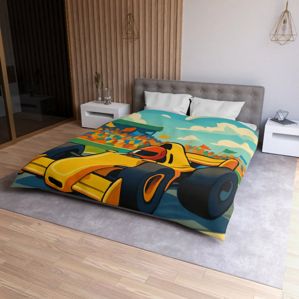 Housse de couette enfant voiture de course jaune circuit ambiance dynamique et colorée