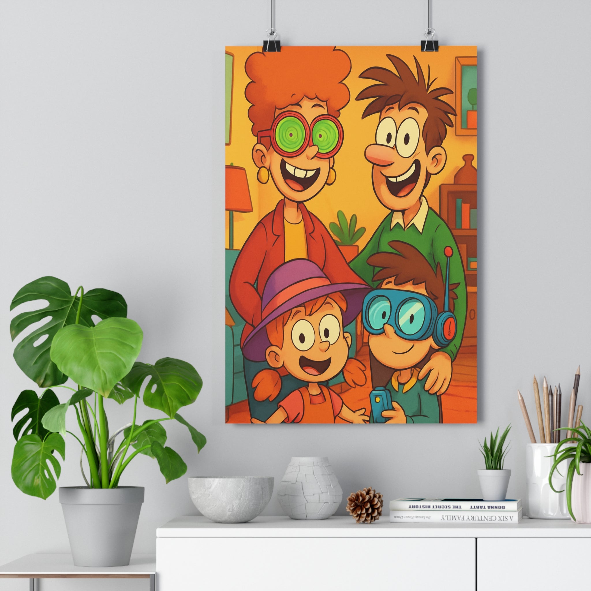 Poster décoratif moderne cartoon joyeux dynamique couleurs vives salon chambre enfant lunettes famille 30x46